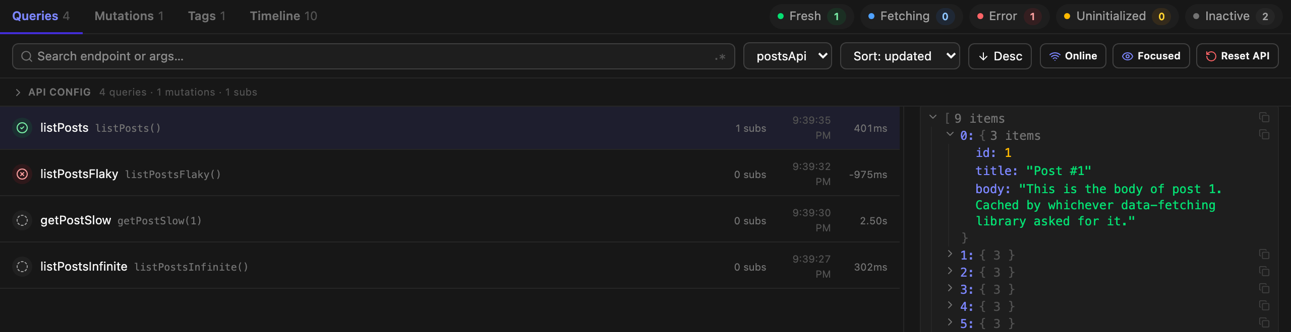 An expanded JSON tree of cached post data with copy buttons on each node