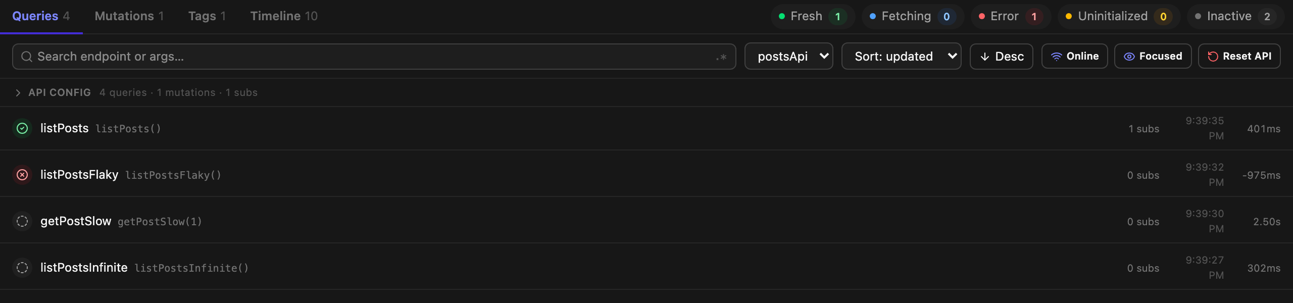 The Queries tab listing four cache entries with fresh, error, and inactive badges