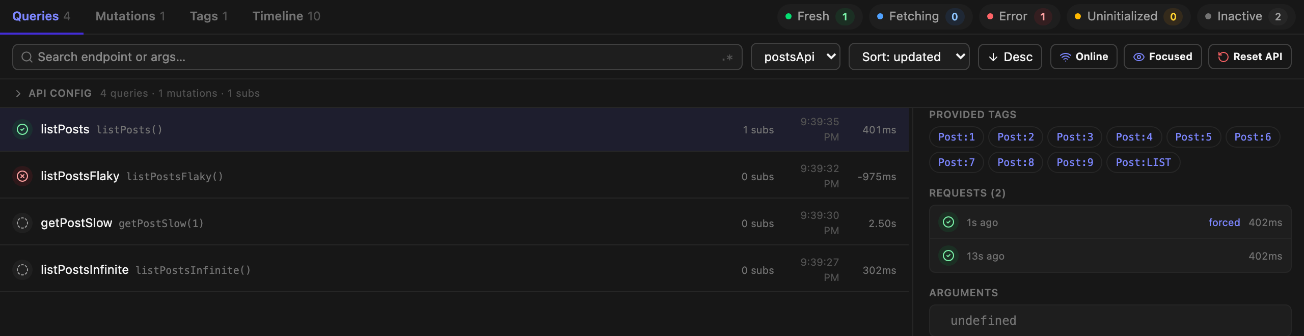 A Requests list showing four fulfilled requests with durations and forced markers