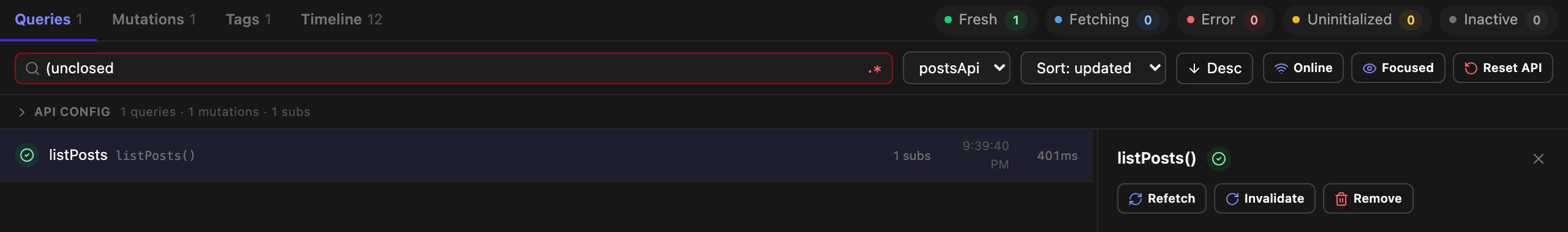 The search box in regex mode showing an invalid pattern marked in red