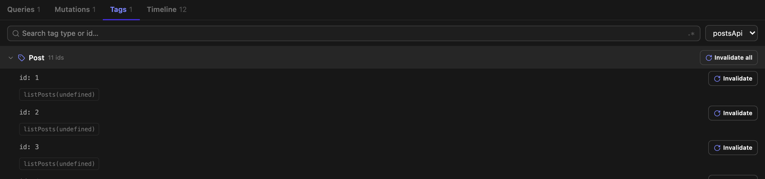 The Tags tab showing the Post tag type expanded into ids with invalidate buttons