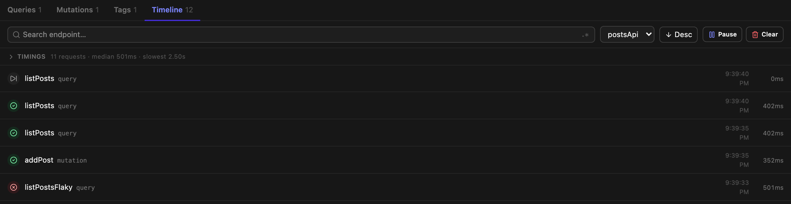 The Timeline tab listing fulfilled and skipped requests with durations