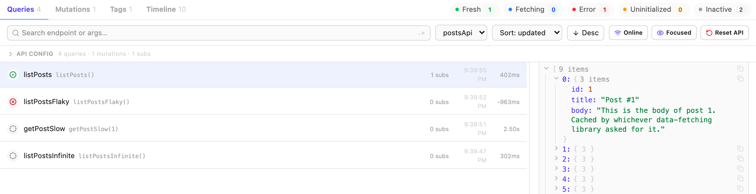 An expanded JSON tree of cached post data with copy buttons on each node