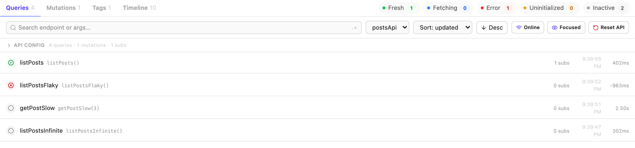 The Queries tab listing four cache entries with fresh, error, and inactive badges