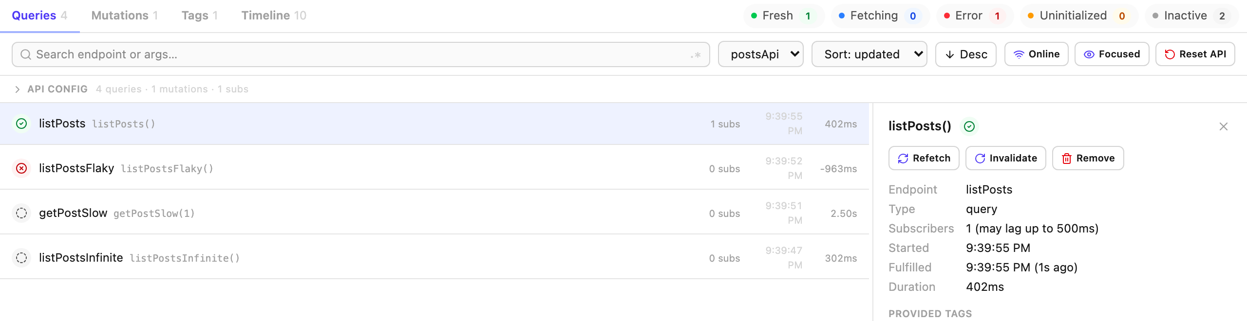 A selected query showing Refetch, Invalidate and Remove actions above its metadata