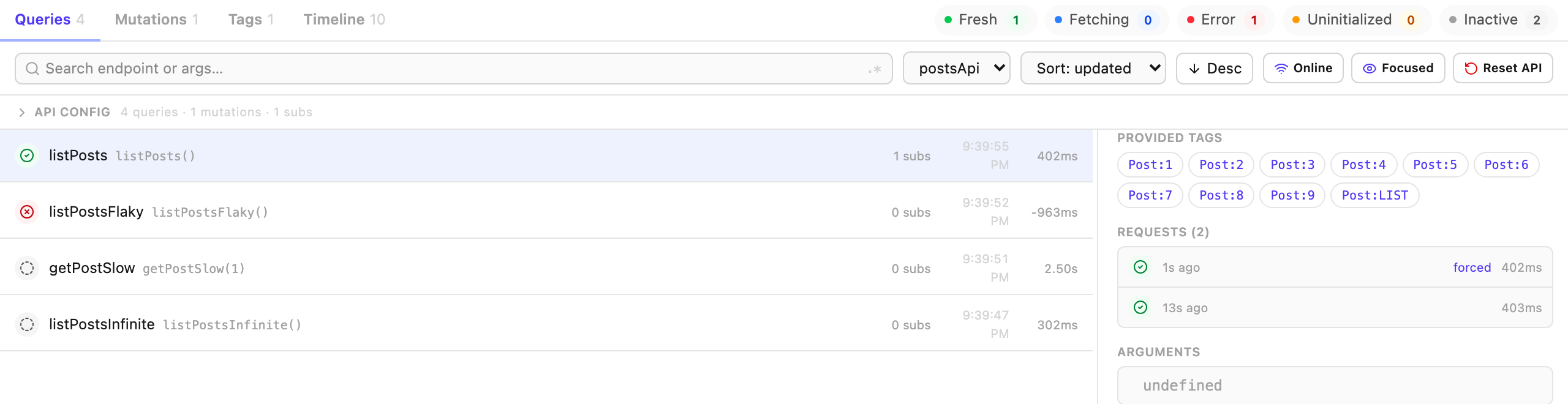 A Requests list showing four fulfilled requests with durations and forced markers