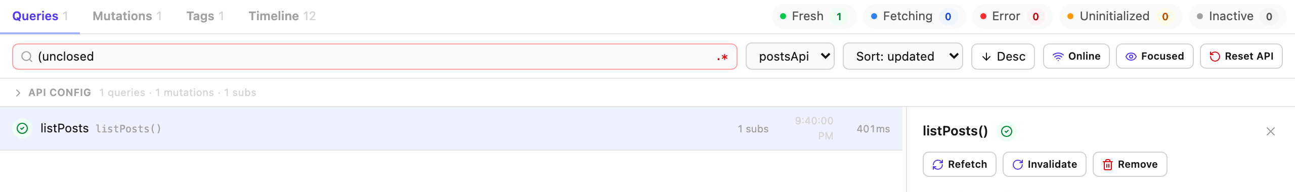 The search box in regex mode showing an invalid pattern marked in red