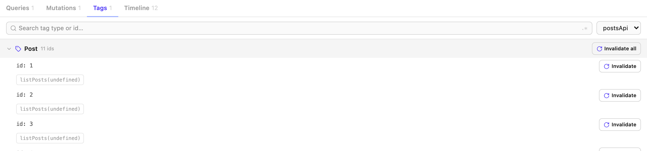 The Tags tab showing the Post tag type expanded into ids with invalidate buttons