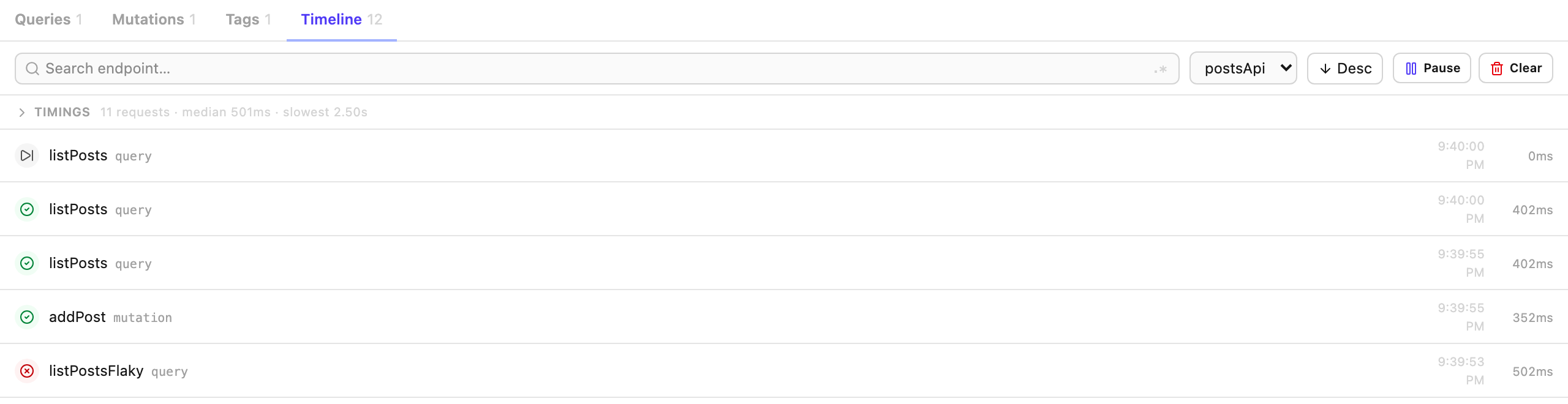The Timeline tab listing fulfilled and skipped requests with durations